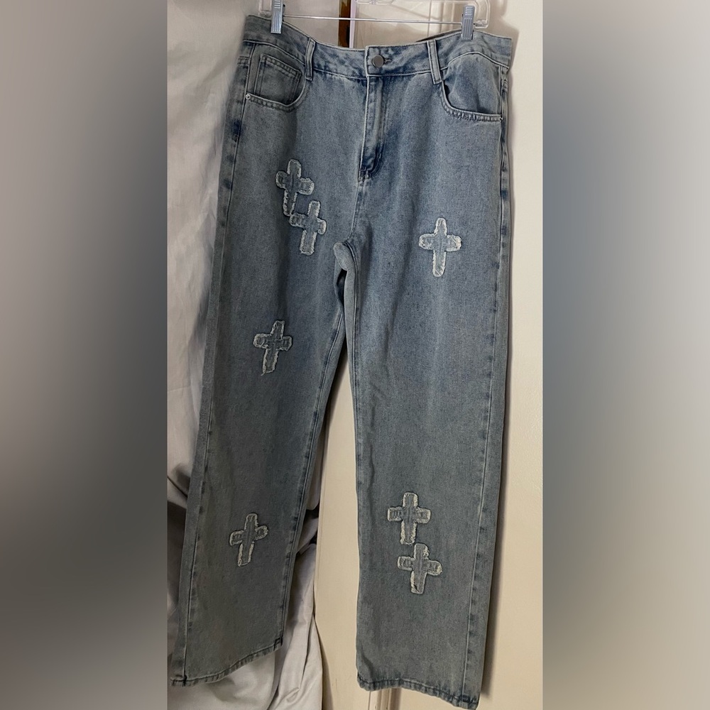 Stylish Blue Jeans with Cross Patches XL